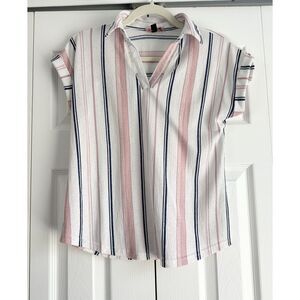 50th Street Shirt Women's Size SP Navy Pink Striped Short Sleeve V-Neck